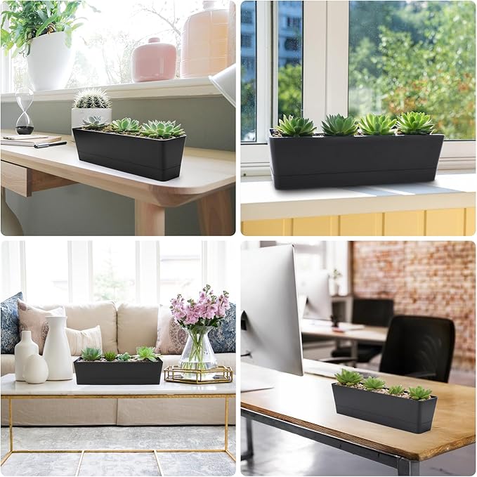 GREANER Black Rectangle Window Boxes, 3 Pack 12x3.8 Inch Herb Planters with Tray, Indoor Succulent Cactus Mint Plastic Pot for Windowsill, Garden Balcony, Office Outdoor Decoration