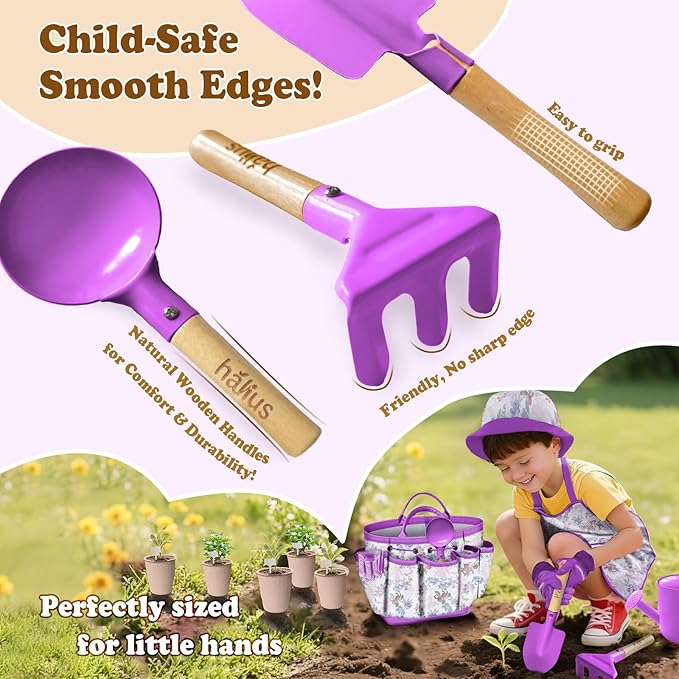 Kids Gardening Tool Set 18PCS Kids Toddler Gardening Set Includes Tote Bag Watering Can Apron Hat Rake Shovel Spoon Gloves Plant Pots and Labels, Outdoor Toys Gift for Boys Girls (Purple)