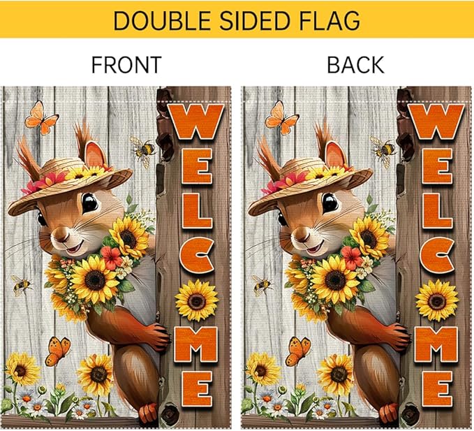 Welcome Garden Flag Vertical Double-Side Small Burlap sunflower Spring Summer Squirrel Garden Flags Yard Porch Outdoor Patio Lawn Decor Flags Decorations (RMQ-480D, 28"X40")