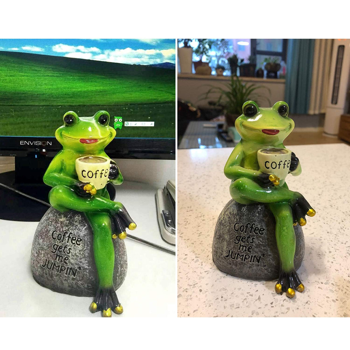 OwMell Frog Statue for Garden Decor, Drinking Coffee Green Frog Figurine