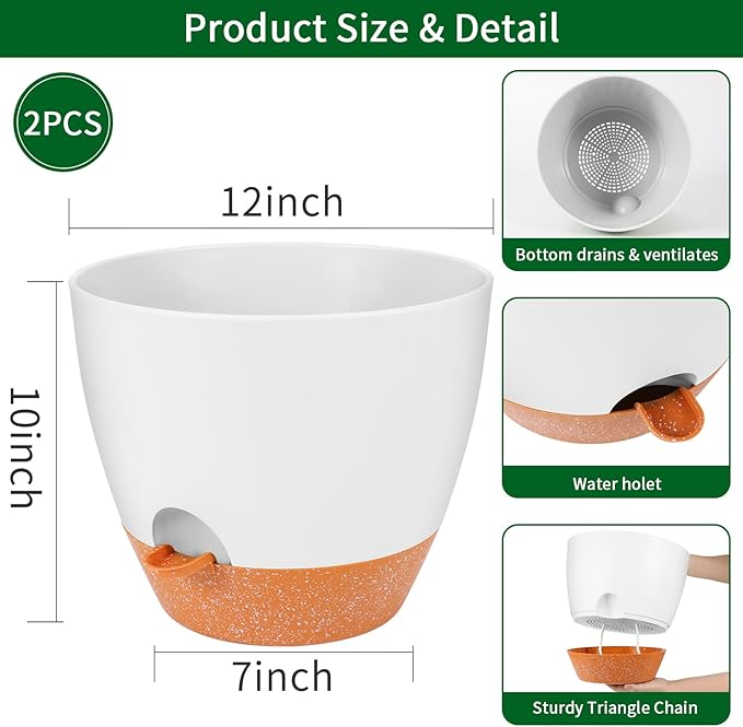 GARDIFE 12 inch planters, Plant Pots,Self Watering Pots, 2 Pack Large Plastic Flower pots with Deep Reservior and High Drainage Holes for Indoor Outdoor Plants and Flowers, White