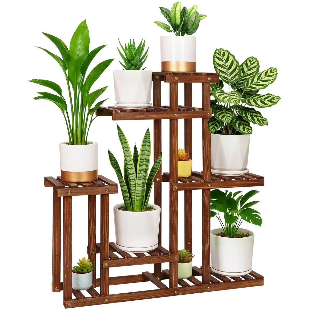 OcBuct 6-Tier Wood Plant Stand Indoor Outdoor Multi Tier Plant Shelf Narrow
