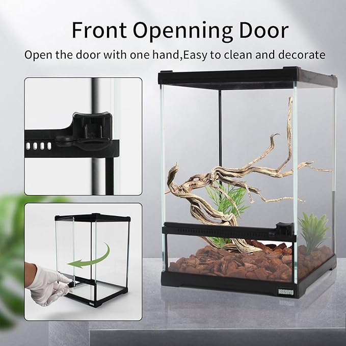 Waazoorep Mini Reptile Glass Terrarium Tank 8"x8"x12“ Full View with Front Opening Door and Enclosure Habitat Cage for Leopard Gecko Tarantula Young Lizard Hermit Crab Frog Insects Breeding Tank