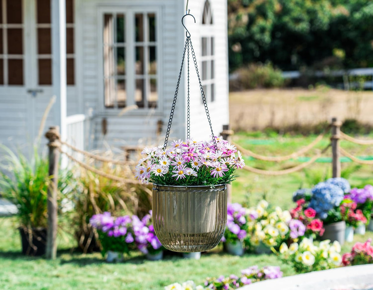 Melphoe 2 Pack Self Watering Hanging Planters Indoor Flower Pots, 8.3 Inch Outdoor Hanging Basket, Plant Hanger with 3Hooks Drainage Holes for Garden Home (Gray)