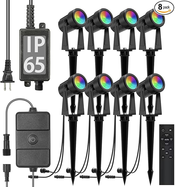 SUNTHIN Outdoor Landscape Lighting with Remote, RGBW Color Changing Spot Uplights, 8 Pack