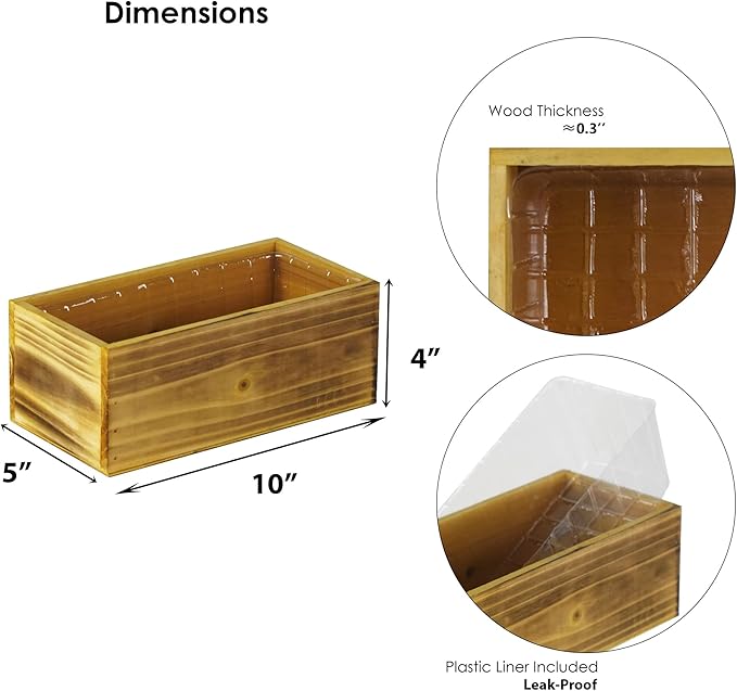 CYS EXCEL Small Natural Light Brown Wood Rectangle Planter with Removable Plastic Liner (H:4" Open:10"x5") Country Rustic Indoor Decorative Box for Flower Succulent
