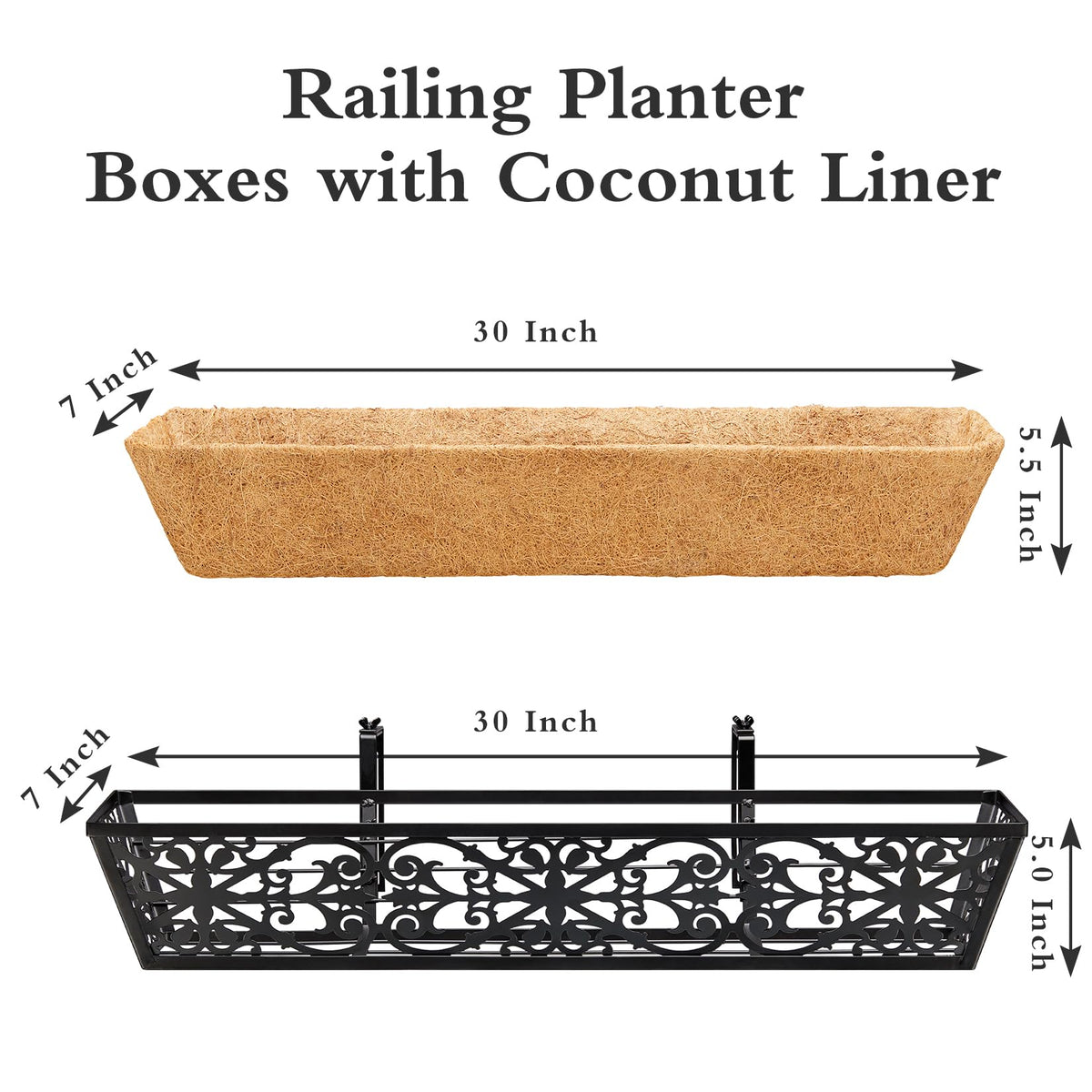 Karlliu 2 Pack 30 Inch Window Boxes Planters Railing Planter Box with Adjustable Brackets & Coco Liners Fabric Plant Grow Bags Deck Railing Planter Boxes Balcony Hanging Flower Box for Outdoor Plants