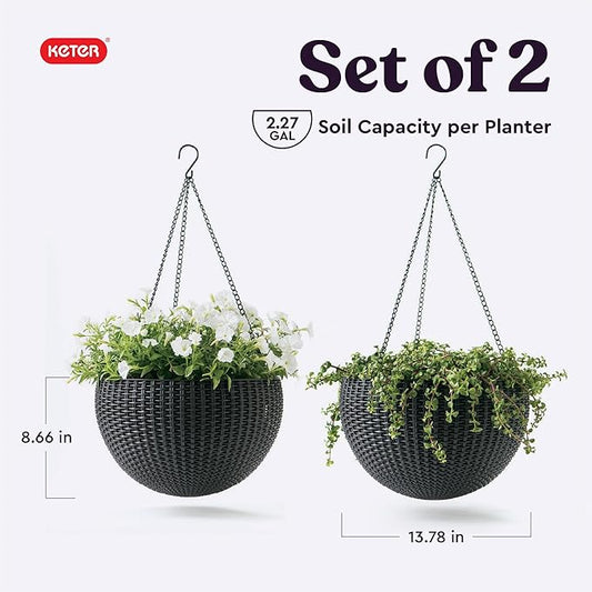 Keter Resin Rattan Set of 2 Round Hanging Planter Baskets for Indoor and Outdoor Plants-Perfect for Porches and Patio Decor, Graphite