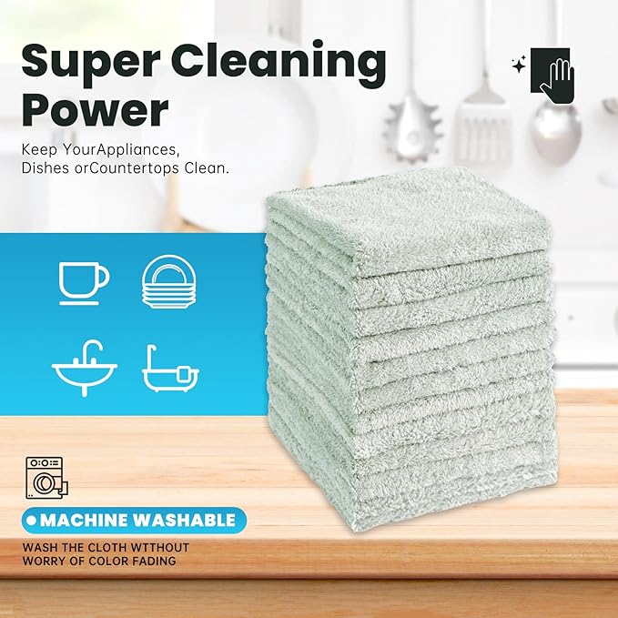 12 Pack Cleaning Cloth,Ultra Soft Absorbent Quick Drying Microfiber Cleaning rags,No scratches,Reusable,Washable,Lint Free Cleaning Towels for Kitchen,Window,Glass,car,11.8"×11.8"(Light Green)