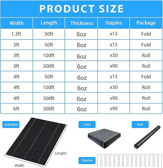 Sunocity 3ft x300ft Pro Black Weed Barrier, 6oz Premium Landscape Fabric-Heavy Duty Woven Ground Cloth with Superior Permeability Weed Control Convenient Design
