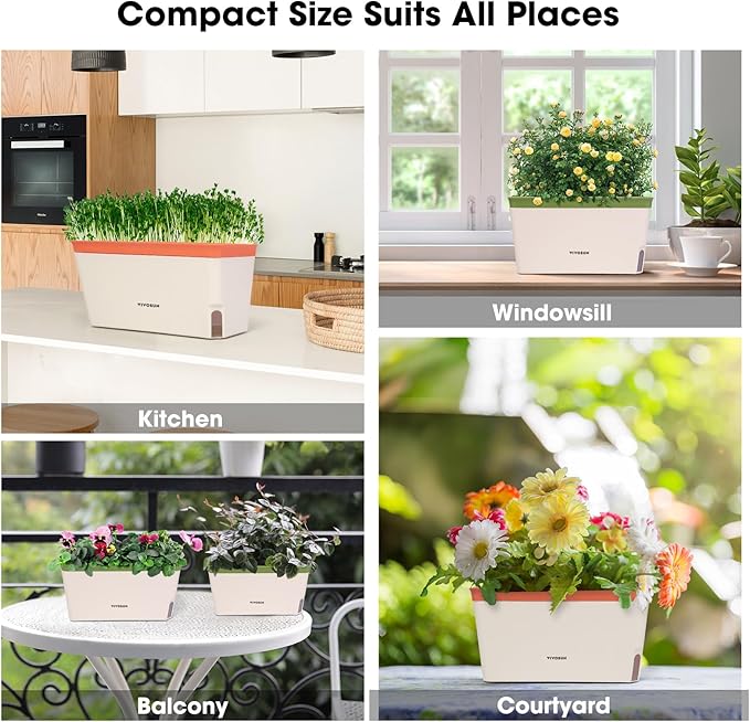 VIVOSUN Self-Watering Planters, 4-Pack 10.5 Inch Compact Rectangular Window Herb Planter Box with 10 PCS Plant Labels, Plant Container for Basil, Flowers, Succulents, Indoor & Outdoor
