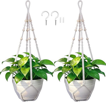 EJGIEGSO Macrame Plant Hanger, Up to 4-15 inch Pots, Wood Beads Cotton Hanging Planter Holder for Indoor Outdoor Boho Home Decor, 35 Inch, Set of 2 (Ivory)