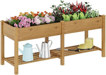 Raised Garden Bed, Planter Box with Storage Shelf, Elevated Wooden Planter Box with Legs, Garden Planter for Backyard, Patio, Balcony, Natural Wood (Brown, L)