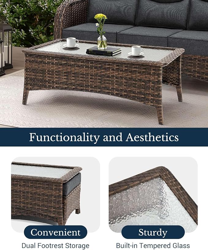 HILLGA Luxury Patio Furniture Set with 6-inch Thick Cushion, Outdoor Couch and High Back Swivel Rocker Patio Chairs, 10PCS Wicker Conversation Set for Deck Yard and Poolside, Dark Grey (V2)