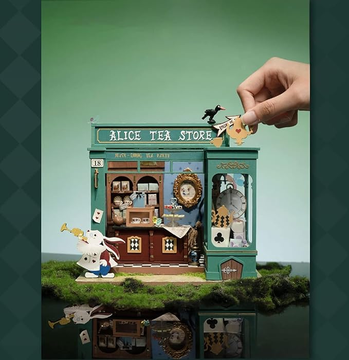 Rolife DIY Miniature House Kit Alice's Tea Store, Tiny House Kit for Adults to Build, Mini House Making Kit with Furniture, Halloween/Christmas Decorations/Gifts for Family Friends (Alice's Tea Store)