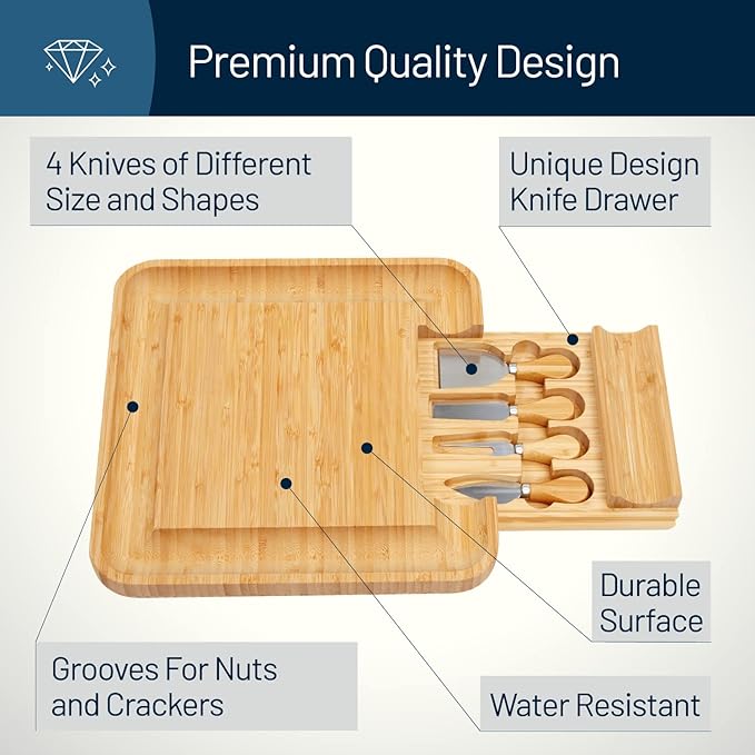 RoyalHouse Bamboo Cheese Board and Knife Set with Slide-Out Cutlery Drawer - Charcuterie Boards Set & Cheese Platter - Birthday Gifts for Women, Wedding Gifts for Couples 2025, Bridal Shower Gifts