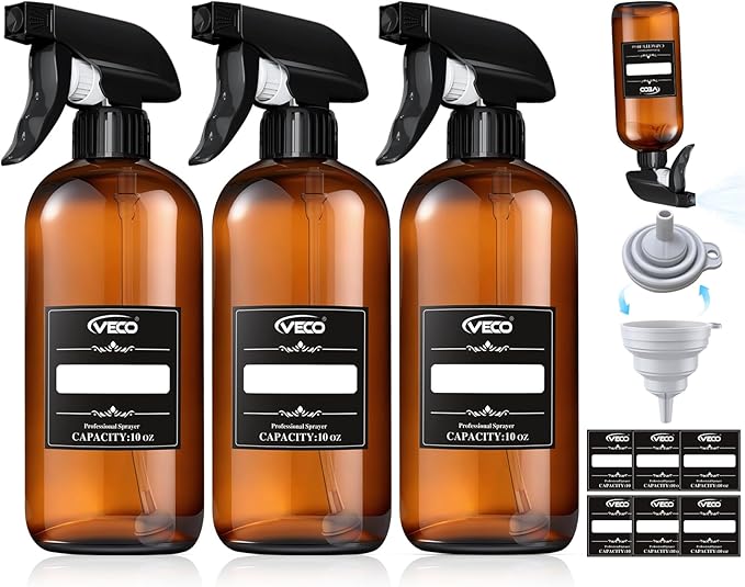 Veco 10oz Spray Bottle with Adjustable Nozzle, 360° Water Spray Bottles for Cleaning Solution, Plastic Spray Bottles for Hair Cooking Plant Pet, No Leak and Clog (3 Pack & Foldable Funnel), Brown