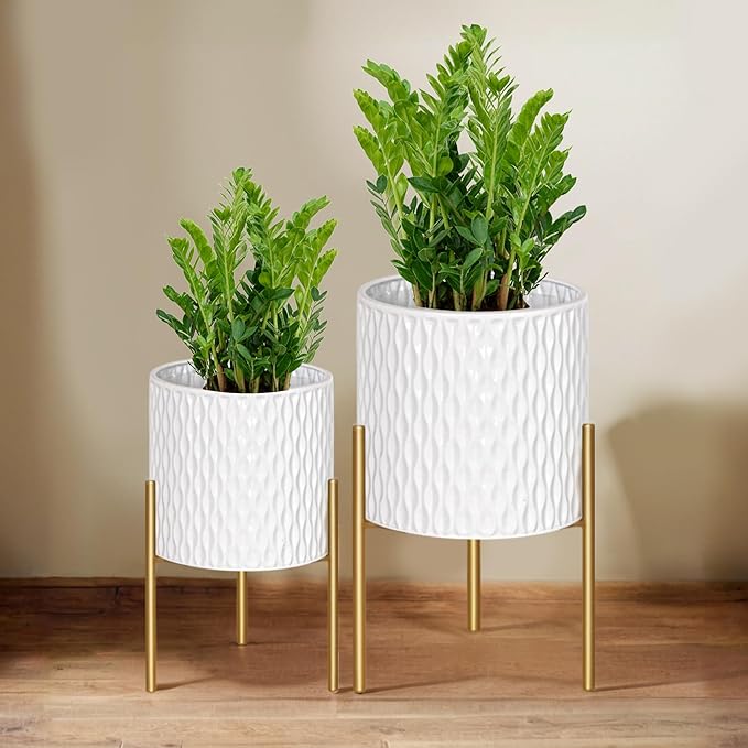 ARNIS Plants Pots with Stand, Set of 2 P lanters, Unique Mid Century Decorative Metal Flower Pots with Drainage, 8.25 & 10.5 Inch, White and Gold