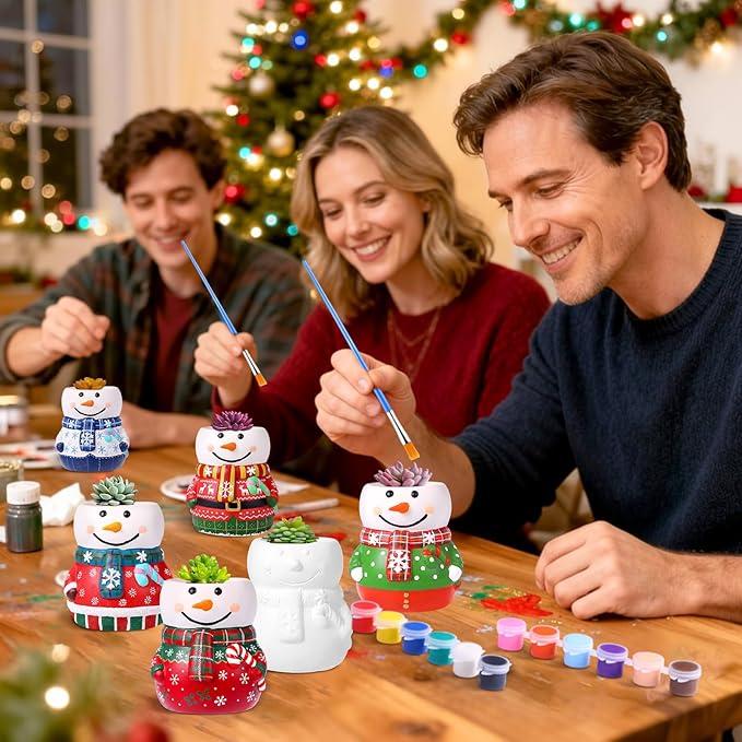 Pasimy 6 Set Ceramics to Paint DIY Ceramic Succulent Planter Pots Paint Your Own Flower Pots Craft Kit Unpainted Bisque Flowerpot with Brush Palette for Family Activity Holiday Gifts(Snowman)