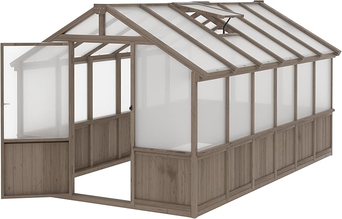 MUPATER 8' x 12' Outdoors Walk-in Greenhouse, Wood Greenhouse with Ventilated Window and Lockable Door, 6mm Polycarbonate Panels for UV Protection and Heat Insulation,Suitable for Patio, Backyard
