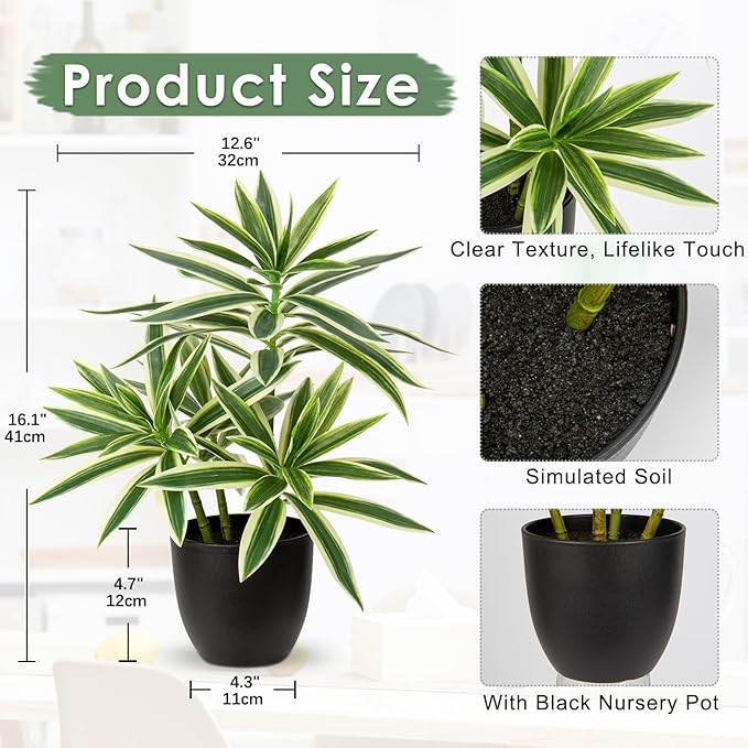 Faux Plants 16.1" Dracaena Artificial Plant Realistic Fake Plants in Pot Small Indoor Plants Fake Potted Plants Artificial Decor for Home Living Room Bathroom Office House Table Desk Shelf, Green