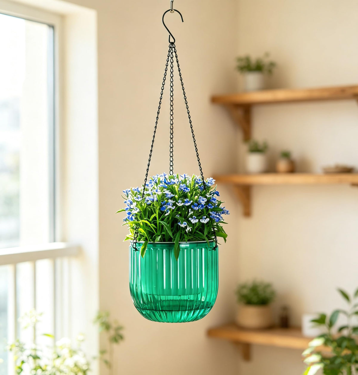 Melphoe 2 Pack Self Watering Hanging Planters Indoor Flower Pots, 6.5 Inch Outdoor Hanging Plant Pot Basket, Plant Hanger with 3Hooks Drainage Holes for Garden Home