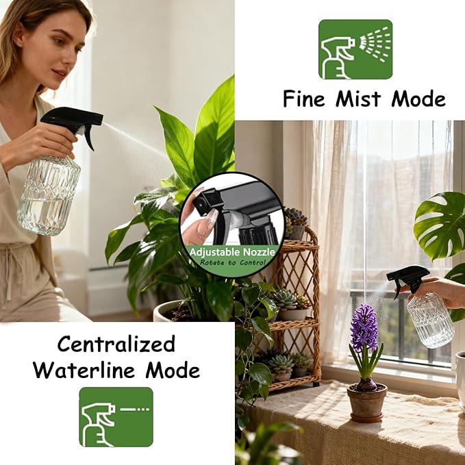 Clear Glass Handheld Spray Bottle, 15oz Refillable Plant Mister Bottle, Water Spray Bottle with Adjustable Mist Nozzle for Indoor Flowers, Outdoor Gardening, Cleaning, Hair and Pets Care