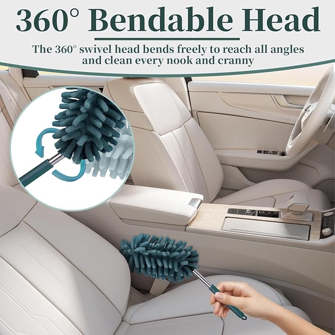 2 PCS Car Interior Duster with Extension Pole, Microfiber Car Dusters with Bendable Head, Cars Duster Exterior&Interior Scratch Free, for Cleaning of Vehicle Details, Offices, Window(Nude Blue)
