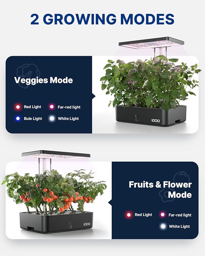 iDOO Hydroponics Growing System Kit 12Pods, Christmas Gifts for Women Mom, Herb Garden Indoor with LED Grow Light for Home, Built-in Fan, Auto-Timer, Adjustable Height Up to 11.3", 12Pods WiFi-Black
