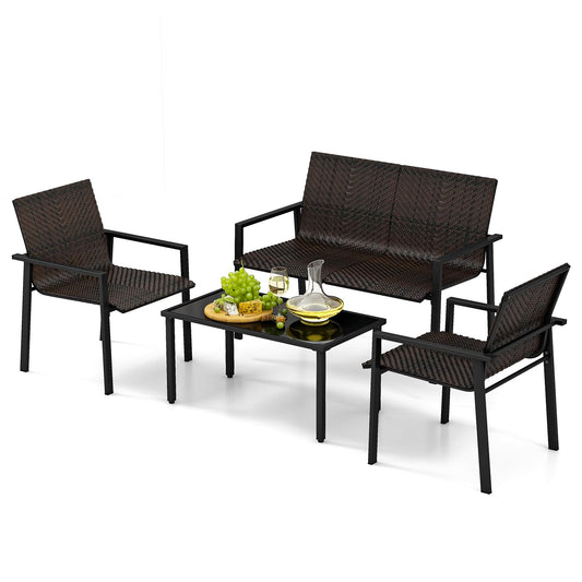HAPPYGRILL 4 Pieces Outdoor Patio Wicker Furniture Set, Conversation Set with Coffee Table, PE Rattan Chairs with Galvanized Metal Frame for Small Space, Balcony, Poolside, Backyard (Mix Brown)