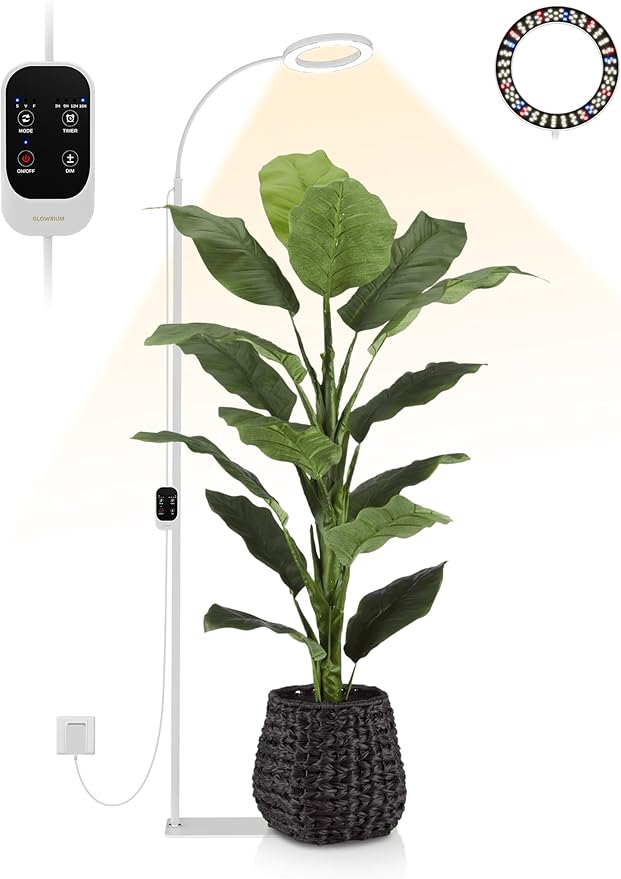 GLOWRIUM 24W LED Grow Light for Indoor Plants, 23.5-71" Adjustable Height, 3-Growing Full Spectrum for Tall Grow Light, High PPFD, 3/9/12/16H Timer, 6-Level Dimming, Ideal for Large Tall Plants