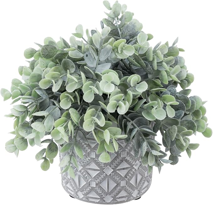 MyGift Artificial Eucalyptus Plant in Modern Gray Concrete Pots with Geometric Embossed Pattern (1, Grey)