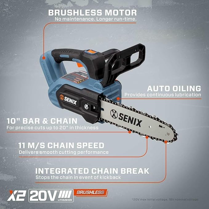SENIX Chainsaw Cordless, 20V 10" Battery Chainsaw, Brushless Chain Saw, Includes 2.5Ah Battery & Charger, Garden Tool for Tree, Pruning, Branch Cutting, Yard, Fathers Day Gift, CSX2-M1
