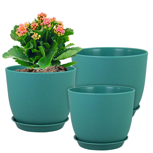 WSMKSZ Flower Pots 10/9/8 inch, Set of 3 Modern Decorative Plastic Planters with Drainage Holes and Tray for House Plants Indoor Flowers Plants, Plant Pots for Indoor Outdoor Plants, Blue Green
