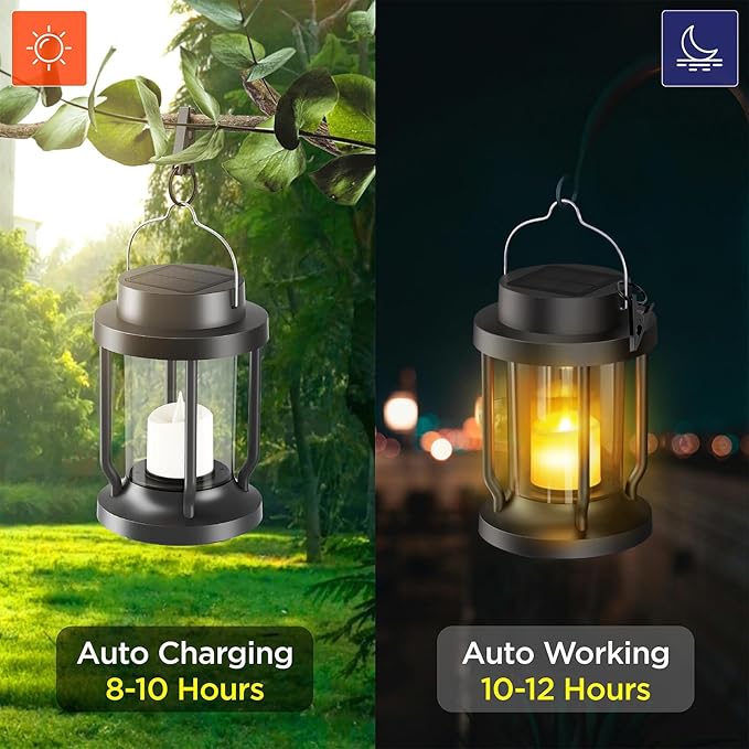 Solar Lantern Outdoor Indoor Use – Hanging Solar Lights with Realistic Flickering Flameless Candle, Weatherproof for Garden Decor, Patios, Trees, and Lawns (Black, 2 Pack)