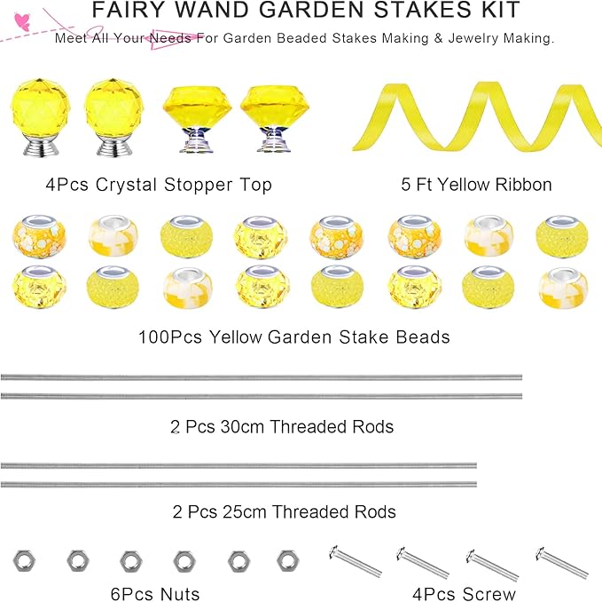 119 Pcs Garden Stake DIY Fairy Wand Plant Stake with Yellow Large Hole Beads Crystal Diamond Stopper Top 4 Stainless Steel Threaded Rod Beaded Garden Stakes for Outdoor Indoor Yard Patio Decorations