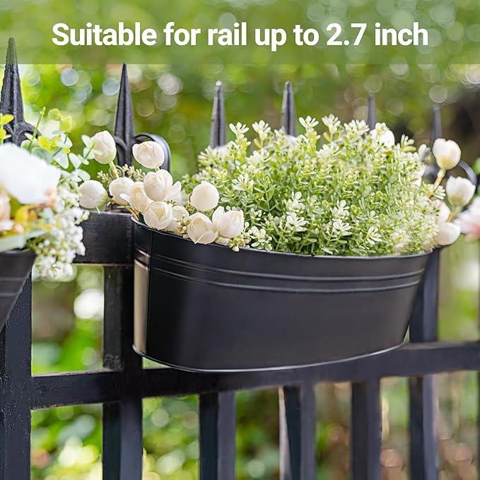 Dahey 3 Pcs Metal Hanging Flower Pots for Railing Fence Outdoor Planter 15.7 Inch Hanging Bucket Pots Countryside Window Flower Plant Holder with Detachable Hooks for Garden Yard Home Decor,Black