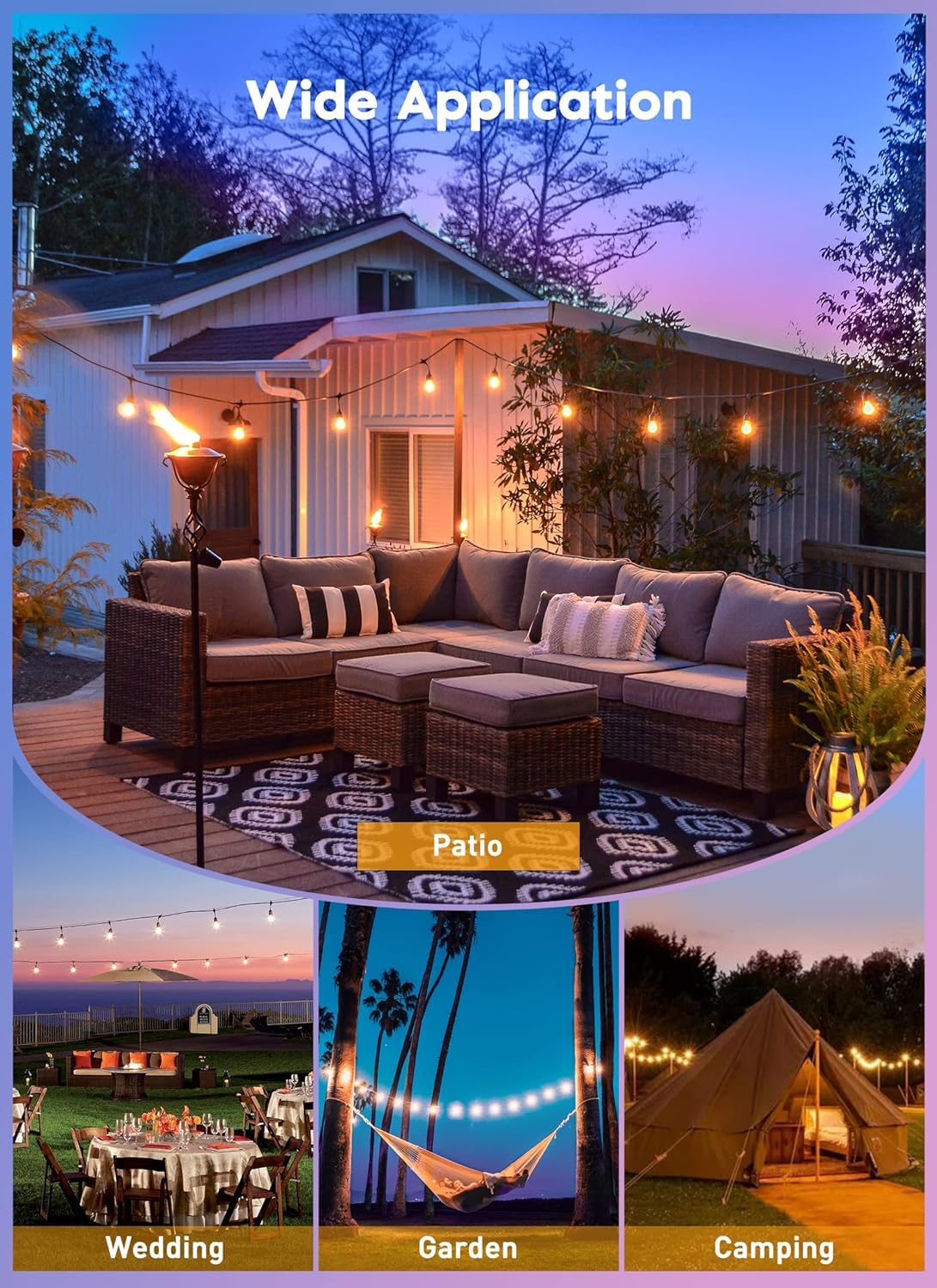 Outdoor String Lights, 52FT 15 Bulbs Shatterproof Patio Lights with Remote