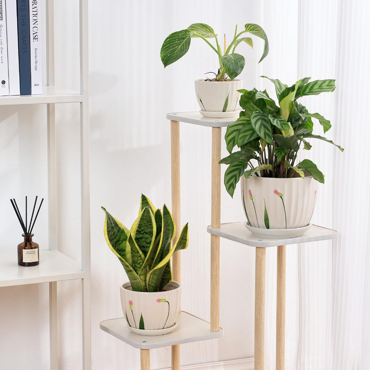 STHIE 4/5/6 Inches White Ceramic Plant Pots with Drainage Holes and Saucer