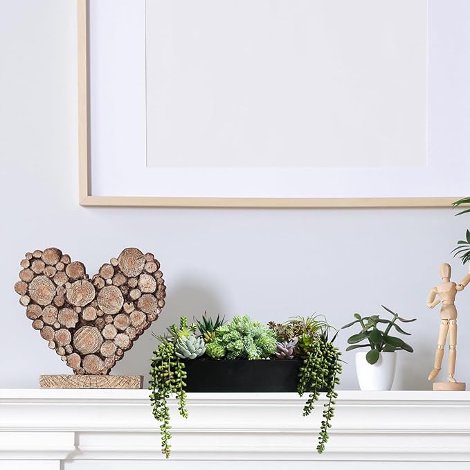 Winlyn 15" Artificial Succulent Arrangement Faux Succulents in Rustic Black Rectangular Wooden Planter Faux Potted Plants for Party Table Centerpiece Mantel Shelf Windowsill Tabletop Greenery Decor