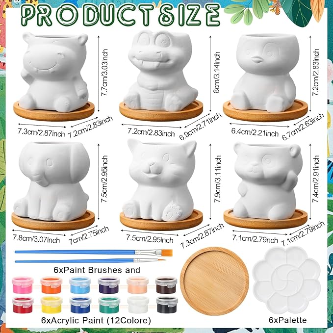 Ninehaoou 6 Sets Ceramic Succulent Pots with Drainage Color Paints Paintbrushes Palettes Paintable Succulent Flower Pots DIY Figurines Paint Craft Kit for Classroom(Cute Animal)