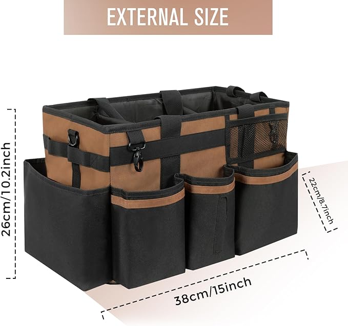 Wearable Cleaning Caddy, Cleaning Caddy Supplies Organizer with Handle & Shoulder Straps for Housekeepers, Under Sink & Car Cleaning Tool Organizers Bag with 4 Foldable Divider (Brown)