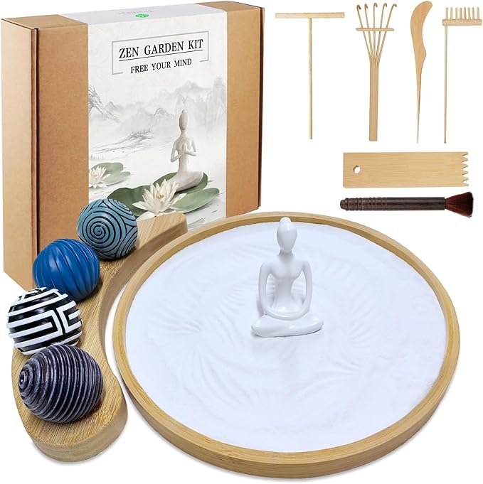 Zen Garden Kit for Desk - Premium Beautiful Japanese Mini Zen Sand Garden Box Gift Set for Home Decor, Office Desk with Large Round Bamboo Tray, White Sand, 4 Sand Spheres & Spheres Holder