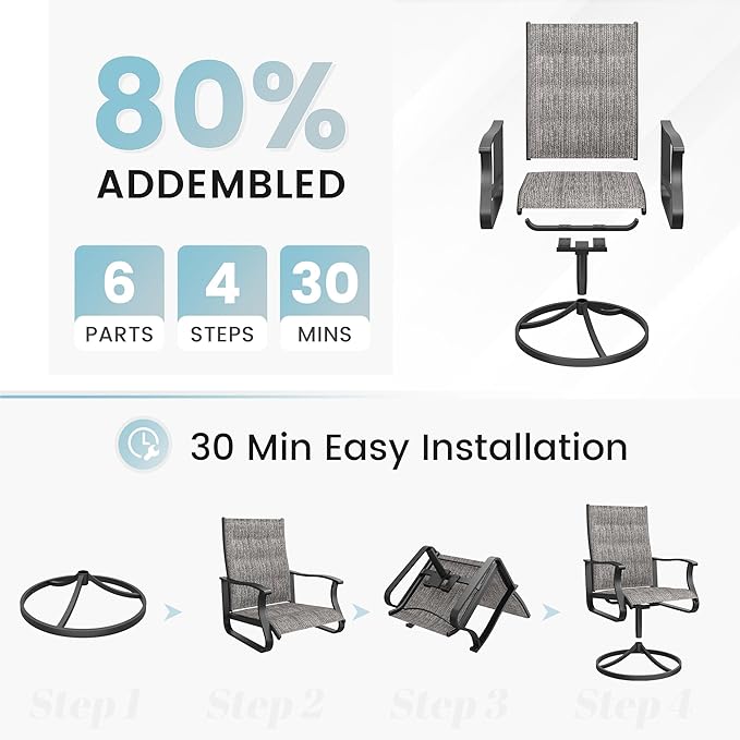Patio Swivel Chairs Set of 4, Outdoor Dining Chairs with High Back, 360° Swivel Rocker Chair in All-Weather Padded Textilene & Metal Frame for Garden, Porch, Backyard, Balcony(Padded Grey)