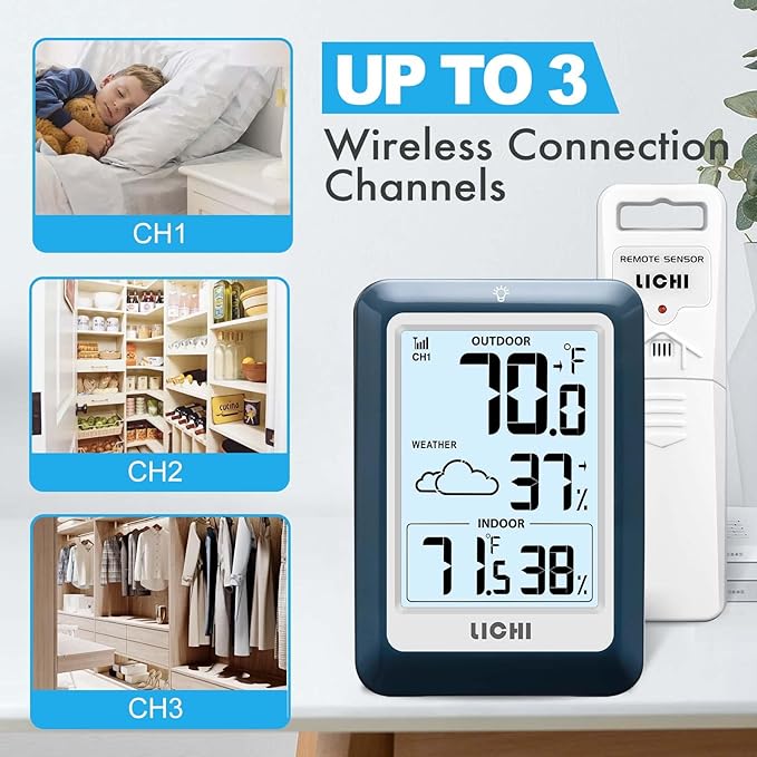 Indoor Outdoor Thermometer Wireless Weather Station, Internal External Thermometer Hygrometer, Home Batteryoperated Temperature Humiditymonitors330 Feet (About 100 Meters) Backlight Display (Blue)