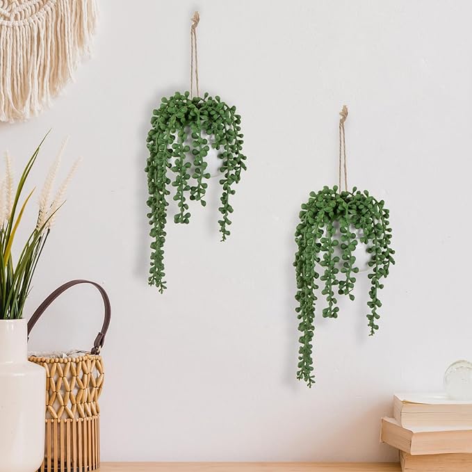 MyGift Artificial Faux String of Pearls Plants in White Ceramic Wall Hanging Planter Pot with Jute Rope, Set of 2