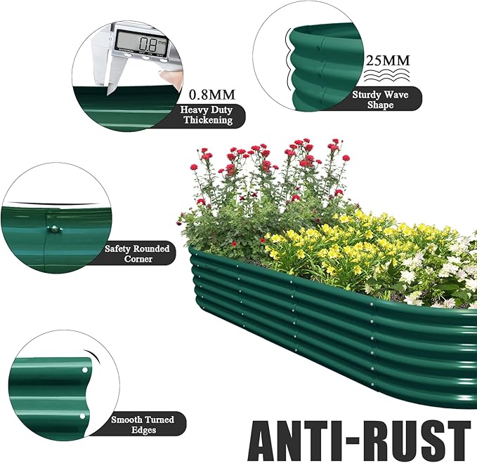 1 Pack 8x3x1.5FT Galvanized Raised Garden Bed Kit Oval Metal Ground Planter Box Outdoor Bottomless Planter Raised Beds for Vegetables Flowers Herbs Fruits, Green