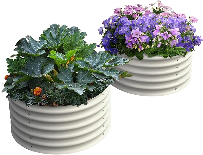 Olle Twin Round Raised Beds for Gardening, Galvanized Planter Box for Vegetables, Metal Raised Garden Bed Easy Setup Round Metal Raised Bed for Urban Farming, Ivory 24" X 17"