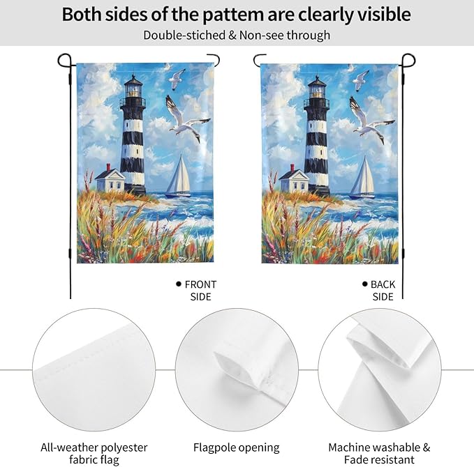 Lighthouse Seagulls Garden Flag 12x18 Inch Double Sided All-Weather Polyester Outdoor Flag For Patio Lawn Yard And Garden Welcome Decor