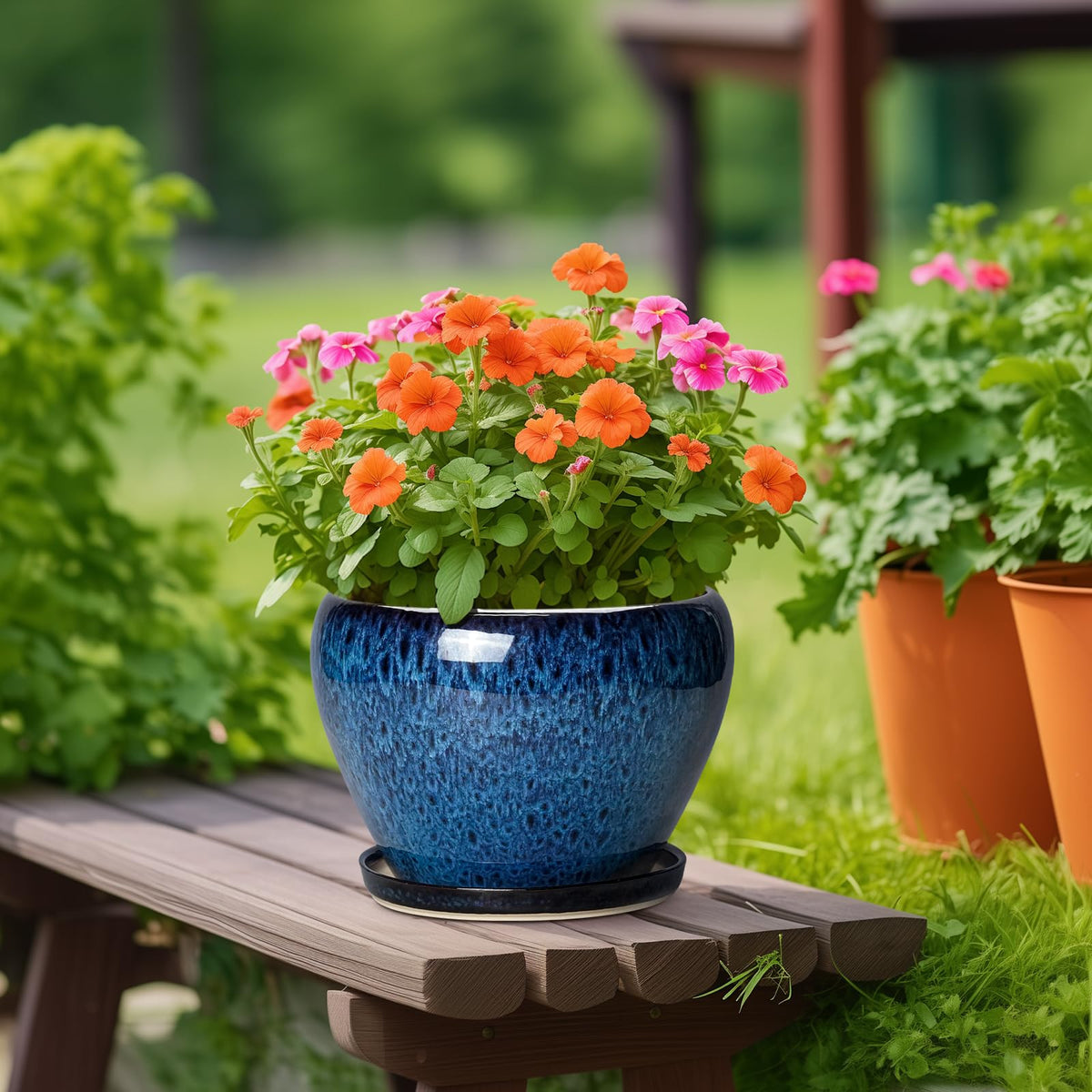 Thirtypot 10 Inch Plant Pot, Ceramic Planter with Drainage and Saucer, Blue